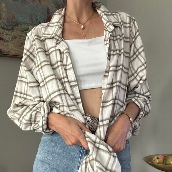 Lands End cream and green and brown plaid flannel button up shirt - Picture 3 of 6